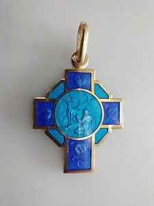 Vintage Catholic Blue Enamel St Hubert Cross Religious Medal Gold Tone