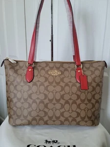 NEW Coach Signature Gallery Tote Canvas Khaki / Electric Red Shoulderbag - Picture 1 of 5