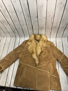 Vintage Winlet Tan Patchwork Suede Leather Faux Fur Lined Coat Womens XL - Picture 1 of 12