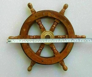 12"Brass Nautical Wooden Ship Steering Wheel Pirate Décor Wood Fishing Wall Boat - Picture 1 of 3