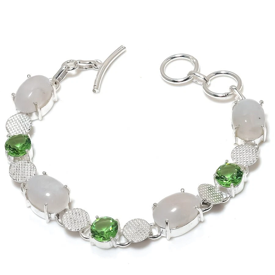 Rainbow Moonstone Peridot Quartz Gemstone Silver Plated Bracelet Jewelry 7-8" - Image 1 of 1