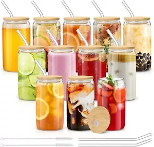 sungwoo 12PCS Glass Cups with Bamboo Lids and Straws, 16OZ Ice Coffee Cup, - Picture 1 of 8
