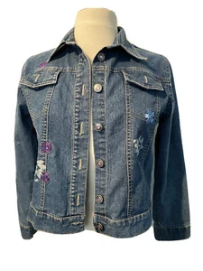 Arizona Jean Co Girl’s Jean Jacket Flowers Embroidered Pink Bottoms L 12/14 - Picture 1 of 6