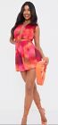 Pretty Little Things NWT Pink Wave Print Pleated Shoulder Pad Plunge Romper Sz 8