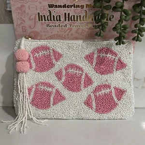 India Handmade Wandering Moon Pink Beaded Travel Pouch Bag Clutch - Football - Picture 1 of 5