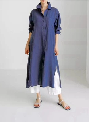 Ladies Blue Floaty Designer  Edgy Urban Shirt Long Lagenlook Casual Blouse  14 - Image 1 of 4