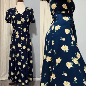 Maxi Vestido Jamie Brooke Vintage Años 90 Para Mujer Azul Marino Estampado Floral Botón Delantero Talla 8 - Imagen 1 de 15
