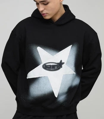 Sudadera con Capucha Boohoo Hombre De Gran Tamaño Boxy Star Applique Gráfico Negra Talla XS NUEVA CON ETIQUETAS Foto 1 de 4