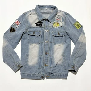 Mens Denim Jean Jacket With Patches Sz Large Mens Distressed Cowboy Western - Picture 1 of 9