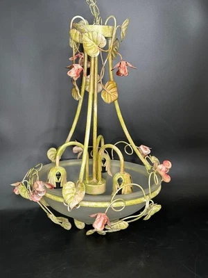 Vintage Metal Italian Tole Toleware Hanging Light Chandelier Fixture 3 Light - Image 1 of 4