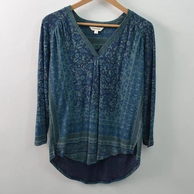 Lucky Brand Blouse Womens Large V-Neck Blue Green Pullover Cotton Blend Linen - Image 1 of 4