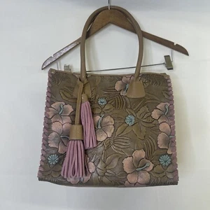Claudia Firenze Hibiscus Flower Embossed Leather Bag Tassel Brown Pink Blue FS - Picture 1 of 10