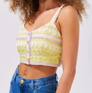 Hayley Menzies Sun Wink Chartreuse Embroidered Crop Top Boho Size M 10-12 NEW - Picture 1 of 12