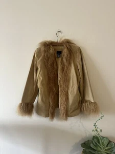 Vintage 70s Look Penny Lane Leather Genuine Mongolian Fur Tan Coat Y2K - Picture 1 of 7