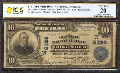 1902 $10 CENTRAL NATIONAL BANKNOTE CURRENCY COLUMBUS NEBRASKA PCGS 20 VF (889) - Image 1 of 2