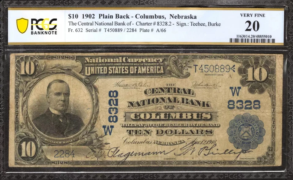 1902 $10 CENTRAL NATIONAL BANKNOTE CURRENCY COLUMBUS NEBRASKA PCGS 20 VF (889) - Image 1 of 2