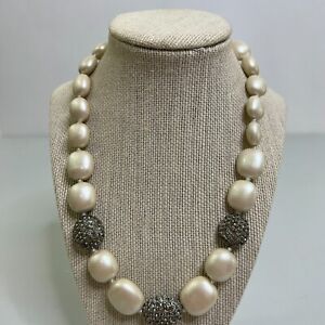Talbots Faux Pearl Necklace Gray Rhinestone Beaded White Classic Chunky