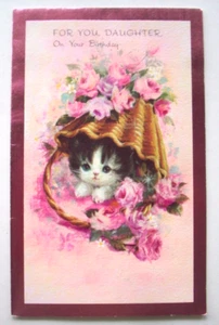 Cat kitten in basket of roses foil accent vintage Birthday greeting card *RR15 - Imagen 1 de 3