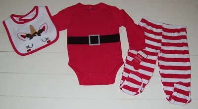 Baby Gear 3 piezas Navidad Papá Noel Body Pantalones con Pies y Unicornio Babero Conjunto 3-6M Foto 1 de 4