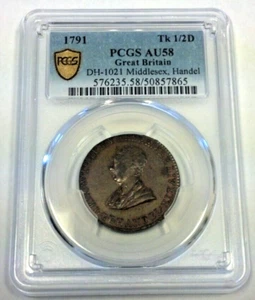 1791 GREAT BRITAIN HALFPENNY GF HANDEL D & H-1021 PCGS AU58 (2863) - Bild 1 von 4