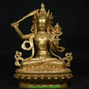 12" Old Tibet Buddhism Copper Gilt Seat Lotus Wenshu Manjushri Buddha Statue - Picture 1 of 9