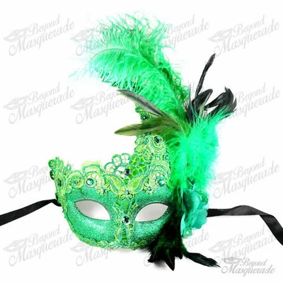 Máscara de mascarada veneciana Mardi Gras pluma avestruz encaje brocado para mujer [verde] Foto 1 de 4