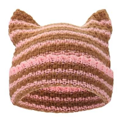 Crochet Hats for Women Stripe Cat Ear Cap Winter Warm Beanie Hat Unisex Headwear - Image 1 of 4