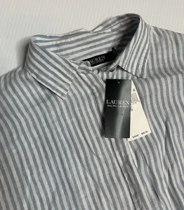 NUEVO CON ETIQUETAS Lauren Ralph Lauren Talla S 100% Lino Azul Blanco Rayas Corbata Frontal Manga Corta - Imagen 1 de 9