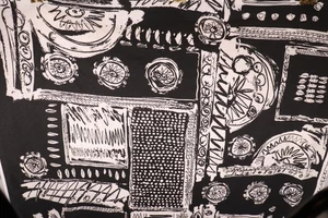 112"L by 62"W JBJ Fabrics Stretch Knit Black White Abstract Fruit Lines Boxes - Picture 1 of 9