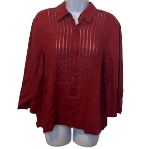 Rena Rowan Vintage Burgundy 100% Linen Ladder Crochet Button Down Blouse Sz 14 - Picture 1 of 8