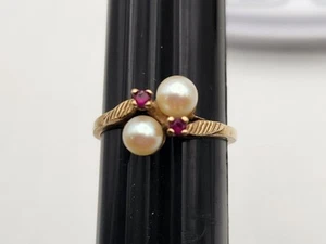 VINTAGE 10K YELLOW GOLD PEARL (Ruby?) Size 6.75 RING Signed TCJ 2.6g. - Picture 1 of 13