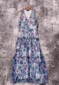 New Boston Proper Dress Medium Womens Blue & Purple Floral Tiered Chiffon Maxi - Picture 1 of 9