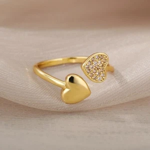 Stainless Steel Double Heart Ring Women Adjustable Love Wedding Jewelry - Picture 1 of 4