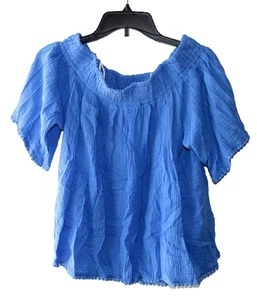 Rachel Roy Womens Size L Blue Scalloped Smocked Off The Shoulder Top - Picture 1 of 7