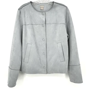 Chico's Blue Gray Suede Jacket Snap Button Business Size 1 Medium Pockets - Picture 1 of 6