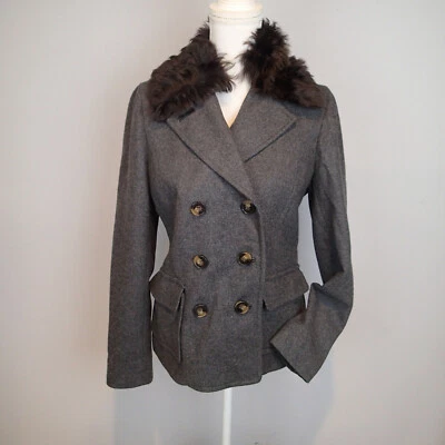 Abrigo Tory Burch Lana B Extraíble Piel Cordero Borde Guisante Abrigo Carbón Chaqueta Blazer  Foto 1 de 4