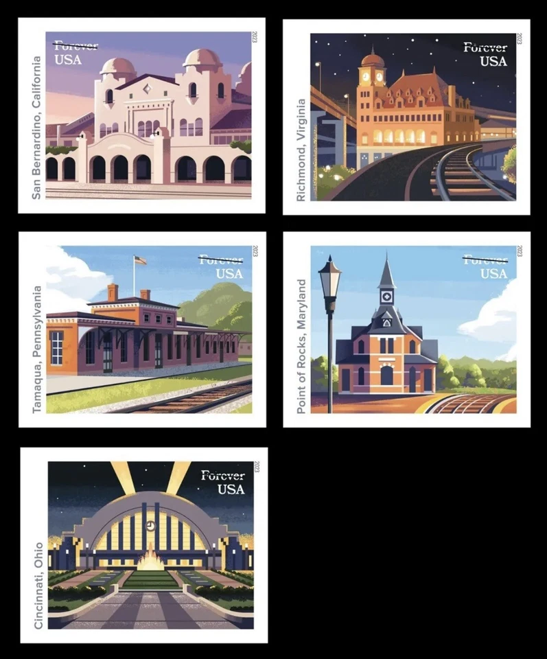 US Railroad Stations NDC/Imperf Set of 5 stamps MNH Ships 16 Mar 2023 - Image 1 of 1