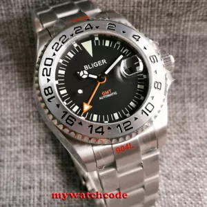43mm bliger black dial sapphire glass GMT 3804 automatic mens watch date window - Picture 1 of 9