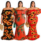 New Women Floral Print Off Shoulder Sexy Bodycon Maxi Dress Party Gown Plus Size
