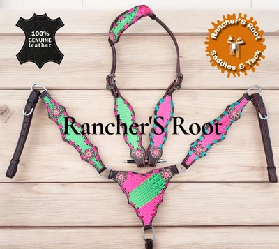 Western Tack Set Caballo | Rosa con Juego de Tachuelas Gator Verde Foto 1 de 4