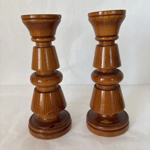 Vintage MCM Candleholders Pair Turned Wood Sculptural 7” Candle Sticks Hand Made - Picture 1 of 9