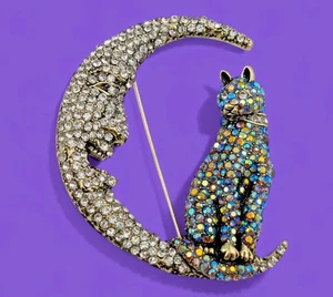SPILLA AURORA BOREALE CRISTALLO GATTO E LUNA grande spilla retrò gattino strass  - Foto 1 di 3