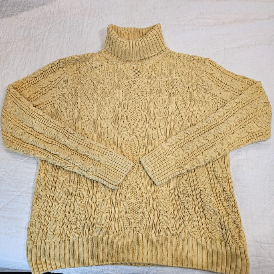 Pria Yellow Fisherman Cable Knit Long Sleeve Turtleneck Sweater Sz L CabinCore - Image 1 of 4