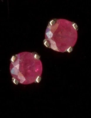 14K 1/4 Carat Solid Yellow Gold Round Red Lab-Created Ruby Solitaire Earrings Ao - Image 1 of 2