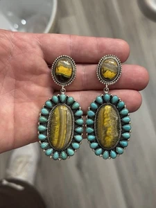 STERLING SILVER NATIVE AMERICAN SW HUGE TURQUOISE BUMBLEBEE CLUSTER EARRINGS 925 - Picture 1 of 13