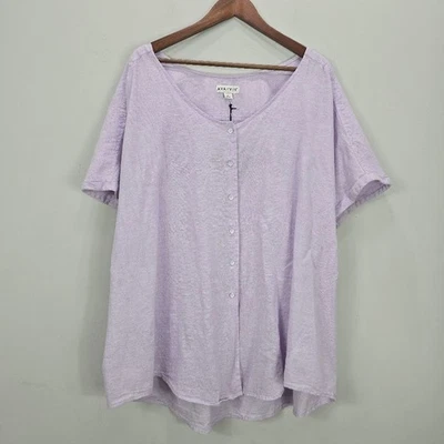Blusa AVA VIV com botões mistura de linho lavanda manga curta Lagenlook nova com etiquetas *Leia - Imagem 1 de 4