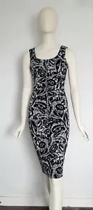 Cue Size 6 Black & Grey Floral Print Sleeveless Pencil Dress Cocktail Workwear - Foto 1 di 9