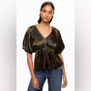 Madewell Women's Kathleen Green Floral V-Neck Short Puff Sleeve Blouse, Medium - Picture 1 of 8