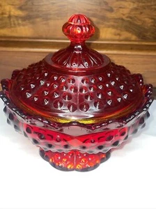 Fenton Candy Dish With Lid & Mark Hobnail Amberina Glass Scalloped Edge 6.5" - Picture 1 of 10