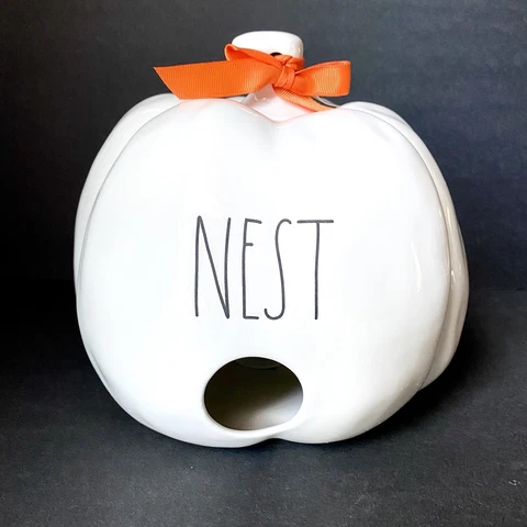 NEW! Rae Dunn NEST White Pumpkin Birdhouse with Orange Bow 9"x9" LL Style Cover